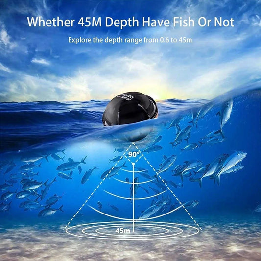 Fish Finder 100M Wireless Sonar-Sensor, exploring depths up to 45m with 90-degree sonar coverage for fishing.