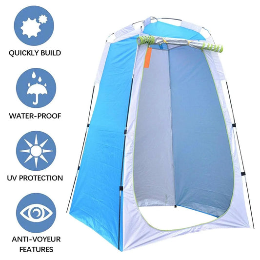 Pop-Up Privacy Tent for single person, portable shelter for outdoor adventure, features easy setup, waterproof and UV protection.