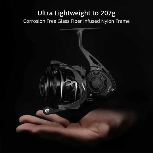 KastKing Zephyr Ultra Light Spinning Reel, lightweight to 207g, glass fiber infused nylon frame.