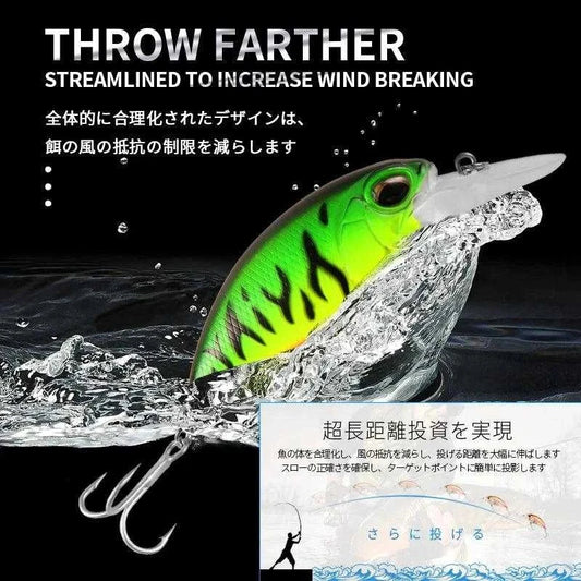 Bearking BKH-S60-S Crankbait for Pike & Bass, 2.56 inches, green and yellow color, fishing lure with sharp hooks, designed for deep diving and attracting freshwater fish.