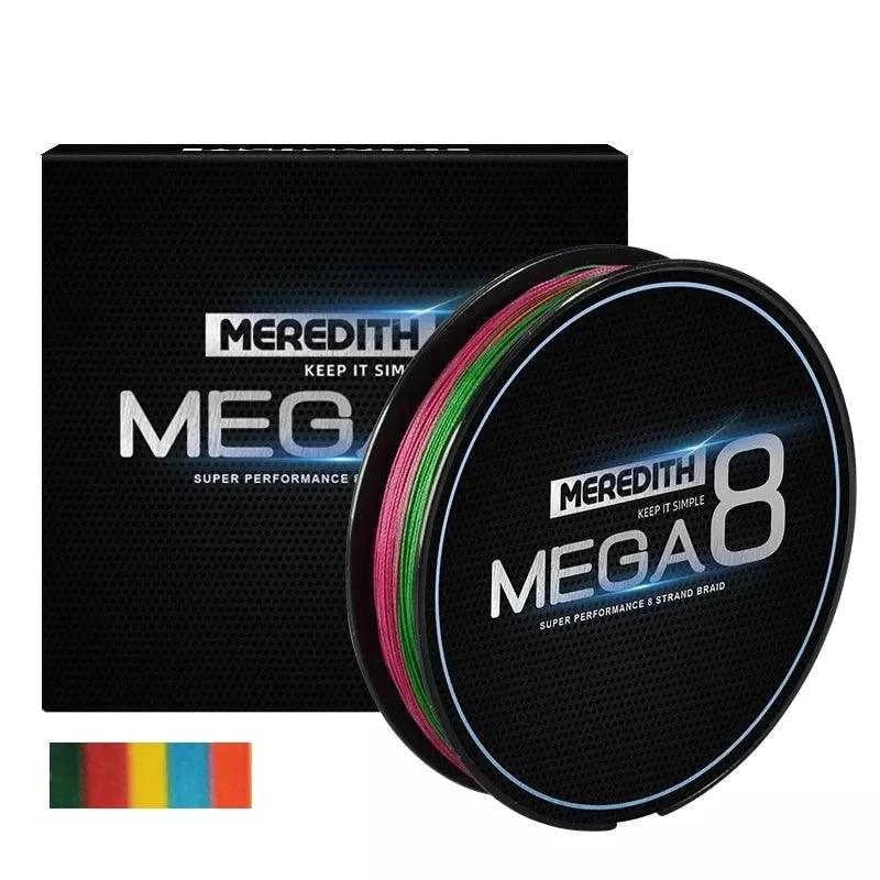 MEREDITH Brand MEGA 8X Fishing Line 150M with box and colorful strands.