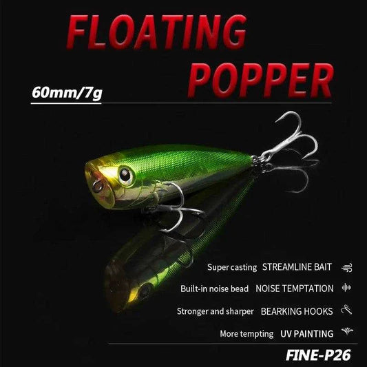 BearKing Popper Lures 60mm 7.0g, noise temptation, streamline bait, UV painting, floating popper, Bearking hooks, fishing lure.
