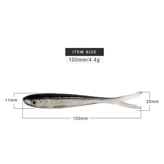 MEREDITH 5-Pack soft lures, 100mm/4.4g size, lifelike minnow design for freshwater and saltwater fishing.