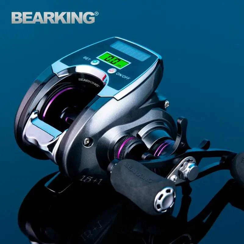 Bearking SX digital baitcast reel with solar-powered digital counter and aluminum design.