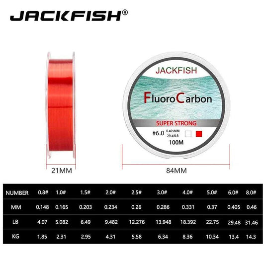 JACKFISH 100M Fluorocarbon Fishing Line in red and clear, 4-32LB, suitable for various fishing environments.