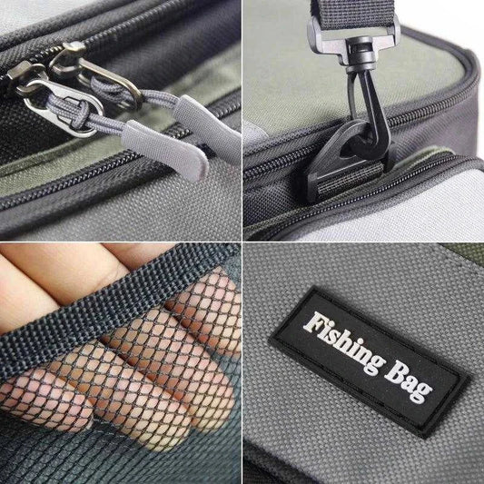 Multifunctional fishing bag PJ139 with secure zippers, adjustable strap, durable mesh, and "Fishing Bag" label.