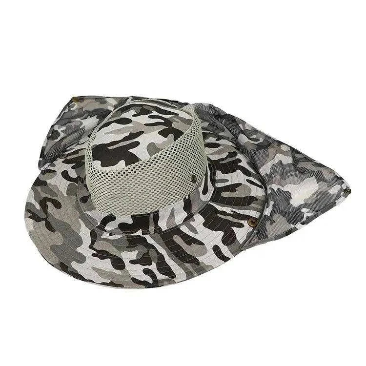 Fishing hat with wide brim, camouflage design, UV protection.