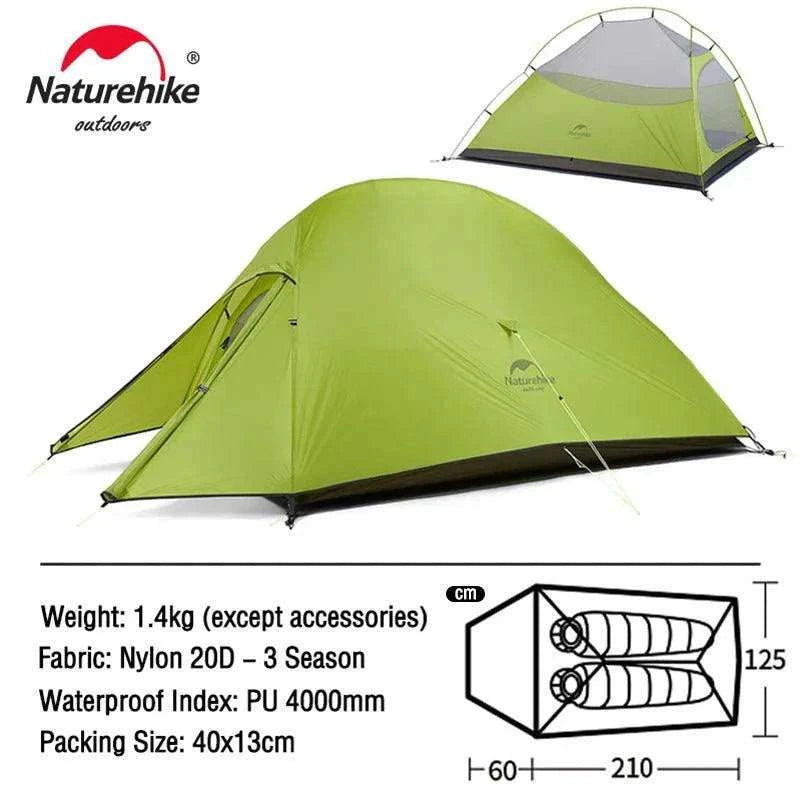 Naturehike Cloud Up all-season ultralight tent, green, nylon 20D, waterproof, multiple sizes.