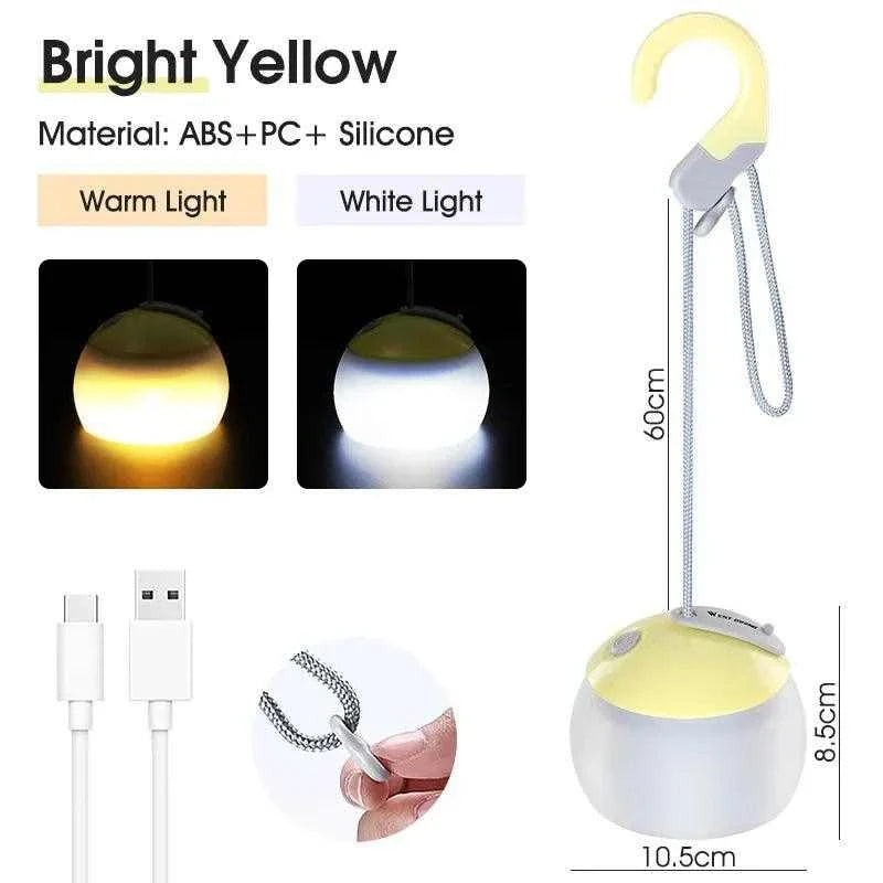 Bright yellow fishing camping light with warm and cool white light options, USB rechargeable, made of ABS and silicone, ideal for outdoor adventures.