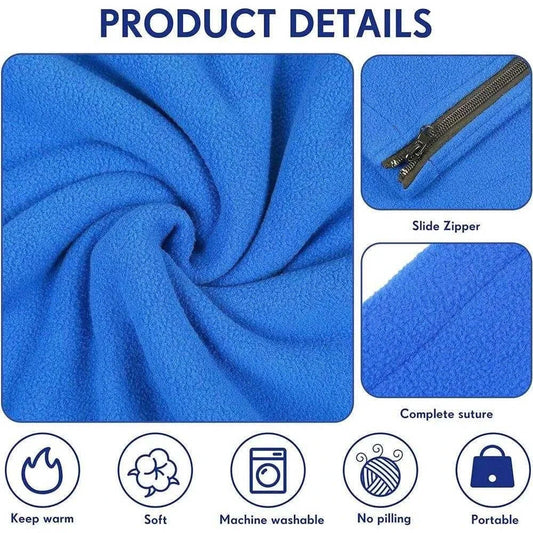 Blue fleece sleeping bag liner fabric with product details highlighting warmth, soft texture, slide zipper, machine washable, no pilling, and portability.