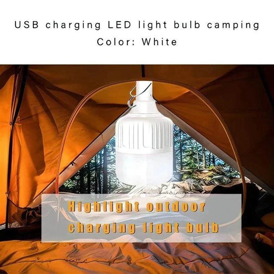 USB charging LED camping light bulb in a tent, highlighting outdoor use; white color.