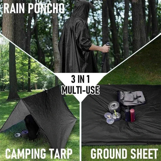 3-in-1 outdoor waterproof fishing raincoat hooded; versatile multi-use as rain poncho, camping tarp, and ground sheet; ideal for outdoor adventures.