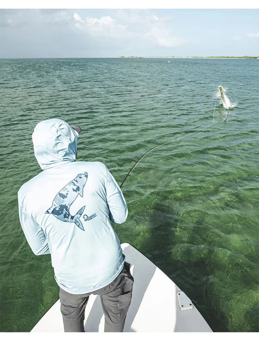Camiseta de pesca QIWWS de camuflaje para hombre, manga larga, con capucha y máscara, protección UV UPF 50+. Ropa de pesca de alto rendimiento.