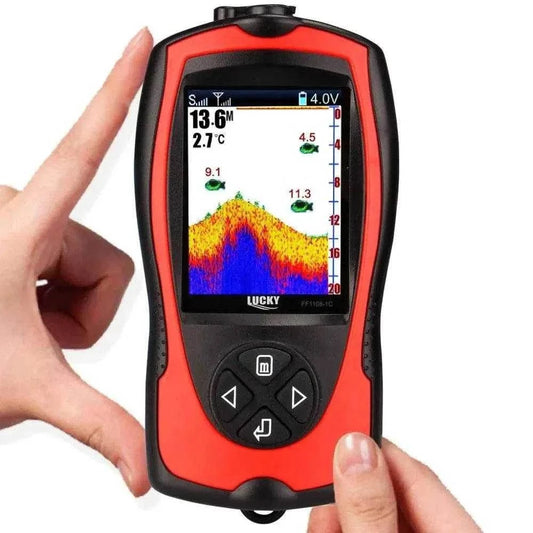 Lucky FF1108-1CWLA Portable Fish Finder displaying sonar data.