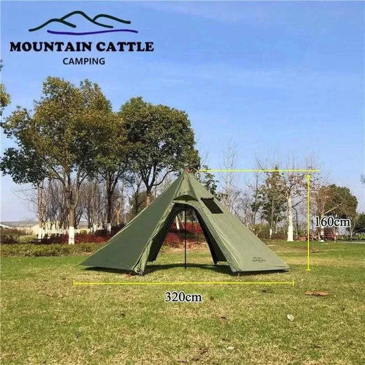 Mountain Cattle ultralight 2-3 person pyramid tent set up in grassy area with trees, showcasing dimensions.