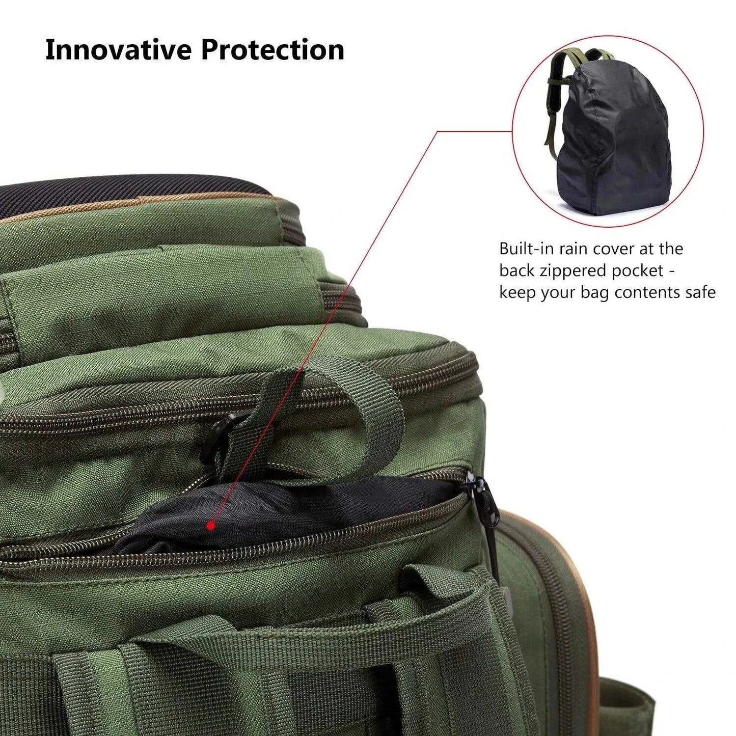 BassDash BD-02 Tactical Tackle Backpack with built-in rain cover for protection, featuring innovative design and green color.