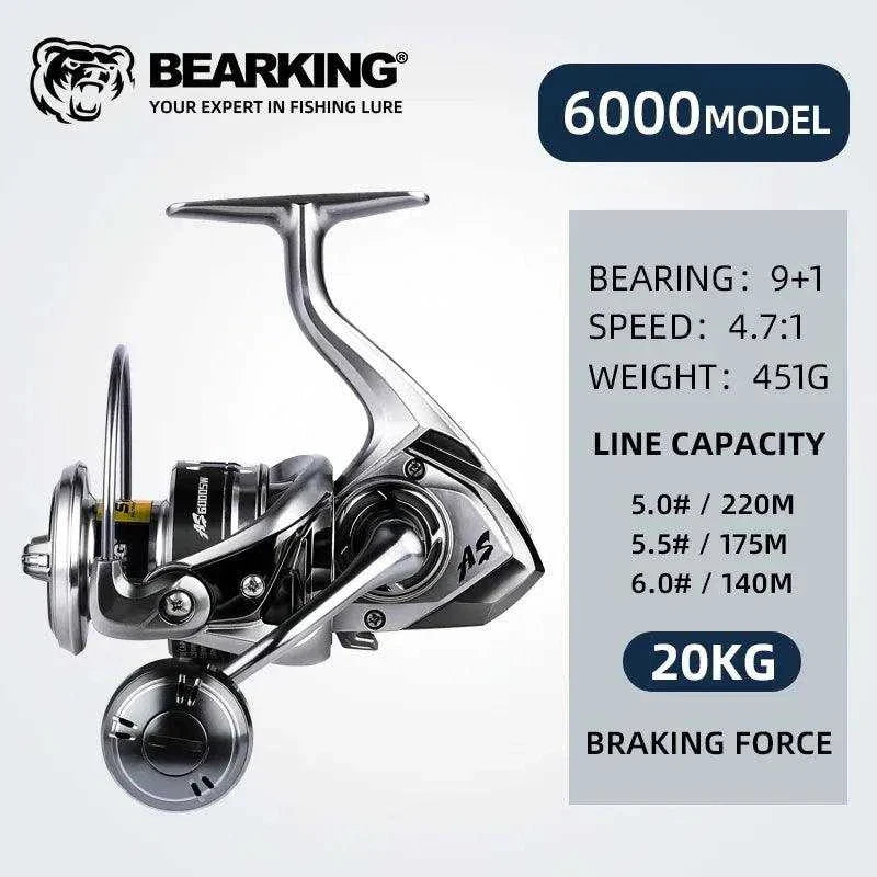BEARKING Assassin Spinning Reel with 9+1BB drag, model 6000, line capacity details, and 20kg braking force.