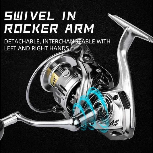 BEARKING Assassin Spinning Reel with interchangeable swivel rocker arm feature.