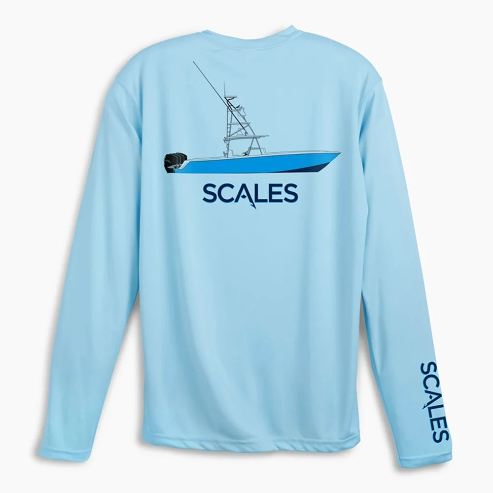 A light blue long-sleeve performance shirt shown from the back, featuring a graphic of a fishing boat with the brand name 'SCALES' printed in dark blue. The brand name 'SCALES' is also printed vertically on the left sleeve.