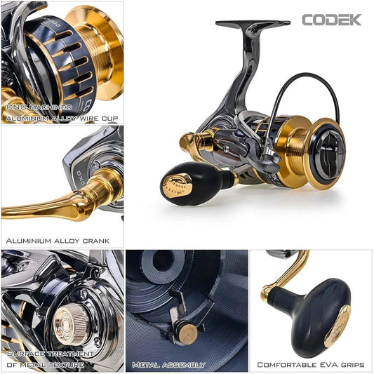LEOFISHING GX Series spinning reel showcasing aluminum alloy construction, comfortable EVA grips, and precision gear assembly.