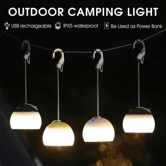 USB rechargeable, waterproof outdoor camping light with hooks, in a sleek and stylish design for fishing and camping.