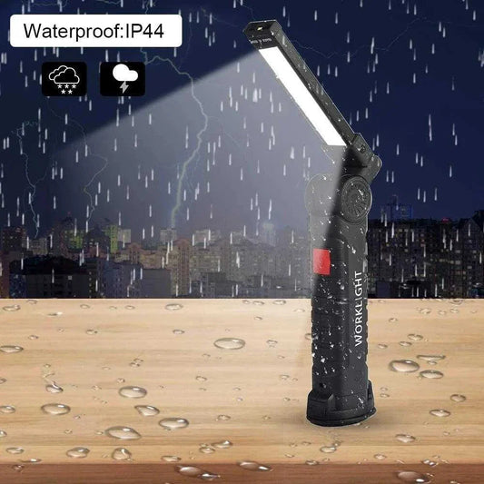 Eoopee LED Work Light illuminating in rain with waterproof IP44 rating.