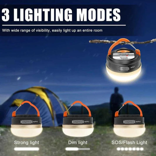 Rechargeable LED lantern with three lighting modes for camping and emergencies.