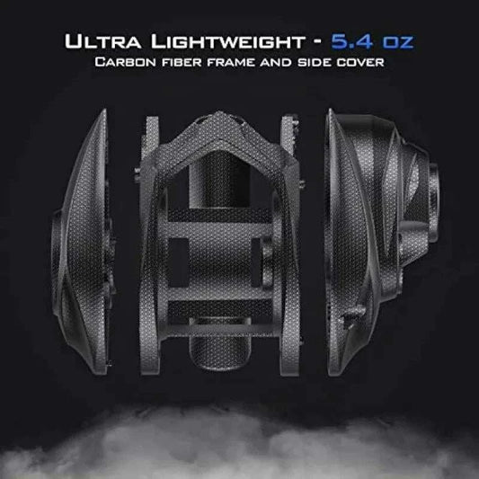 Ultra lightweight 5.4 oz carbon fiber frame and side cover of KastKing Verus Baitcasting reel.