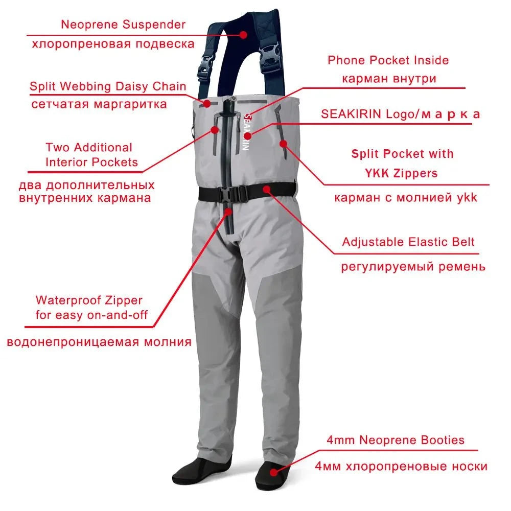 SEAKIRIN Breathable Zip-Front Chest Fishing Waders with waterproof zipper, neoprene suspenders, and multiple pockets.
