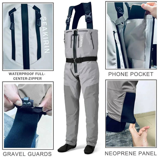 SEAKIRIN Breathable Zip-Front Chest Fishing Waders with waterproof zipper, gravel guards, and phone pocket.
