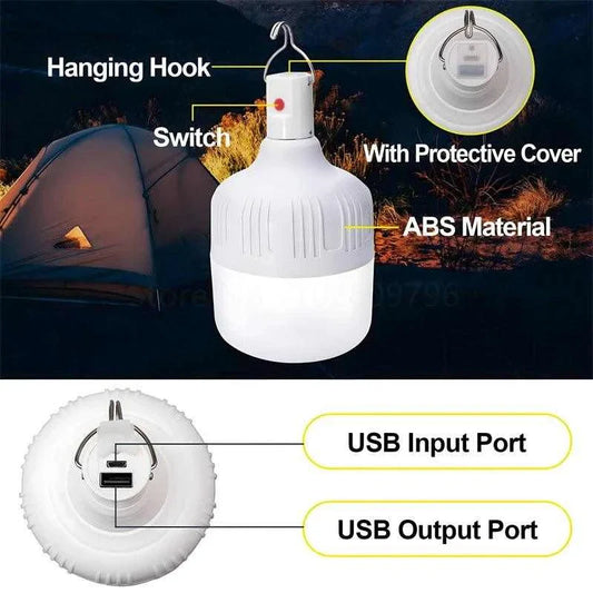 QIUCI USB LED Rechargeable Lantern with ABS material, hanging hook, switch, USB input/output ports, and protective cover, ideal for outdoor use.