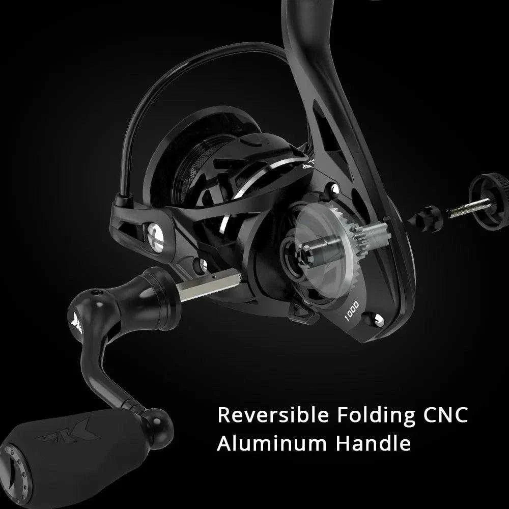 KastKing Zephyr Ultra Light Spinning Reel with reversible folding CNC aluminum handle.