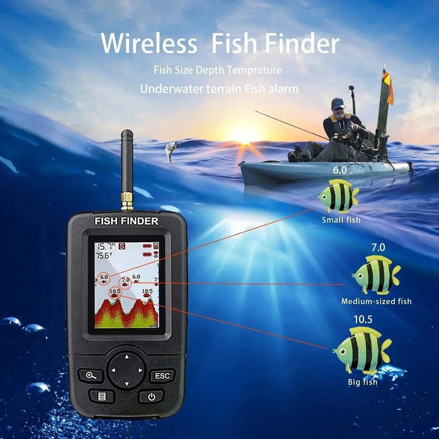 Ecoscandaglio Per Ecoscandaglio Con Sensore Sonar Wireless Da 100 M Per La Pesca In Acqua Salata In Mare Sul Lago - Fishfinder Portatile Intelligente - Foto 3