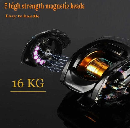 KastKing baitcast fishing reel with 5 high strength magnetic beads and 16KG braking force.