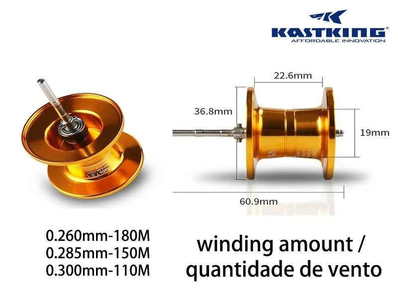 KastKing baitcast fishing reel spool dimensions and line capacity chart.