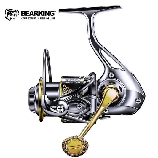 BEARKING Alpha all metal spinning reel with durable aluminum handle and powerful drag system.