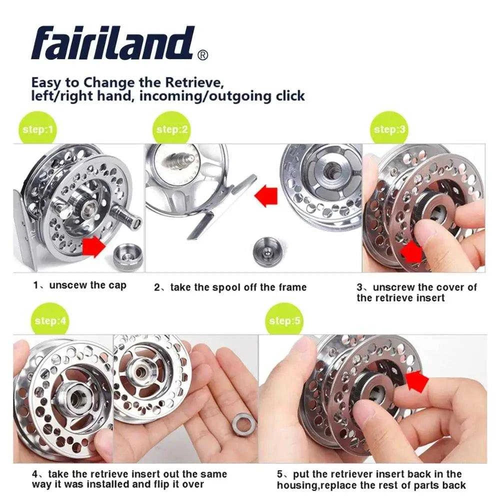 Fairiland Fly Fishing Reel instructions for changing retrieve direction with step-by-step guide.