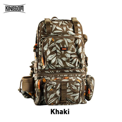 Khaki Kingdom Fishing Backpack 1000D with detachable compartments and water-resistant nylon.