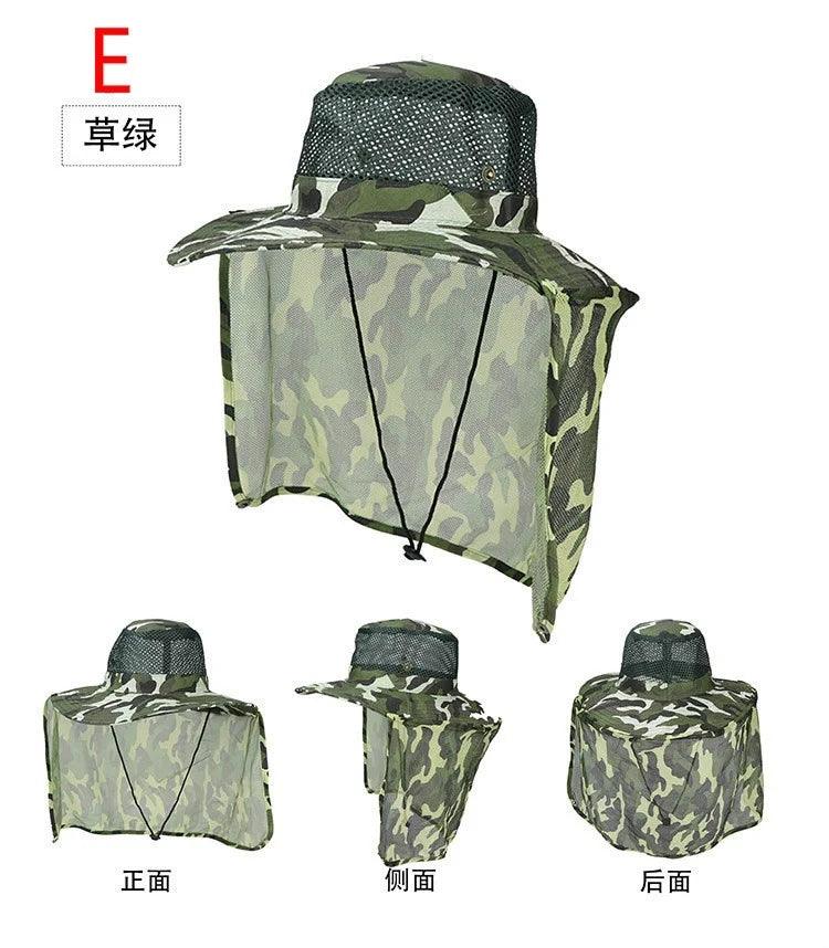 Outdoor fishing hat with wide brim and camouflage pattern, featuring breathable mesh for sun and UV protection.