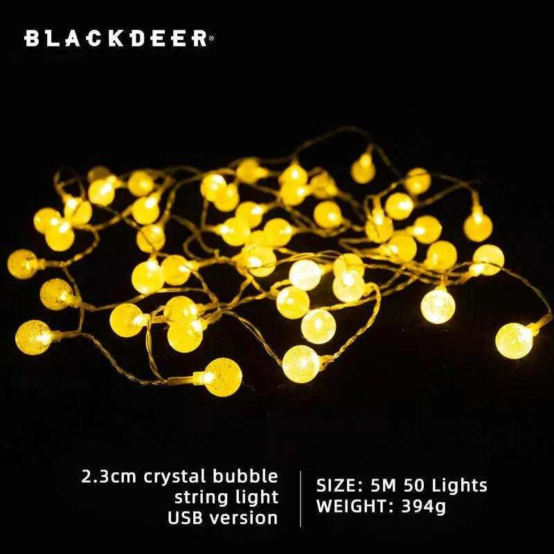 BLACKDEER Solar String Lights with 100 glowing globes on a dark background.