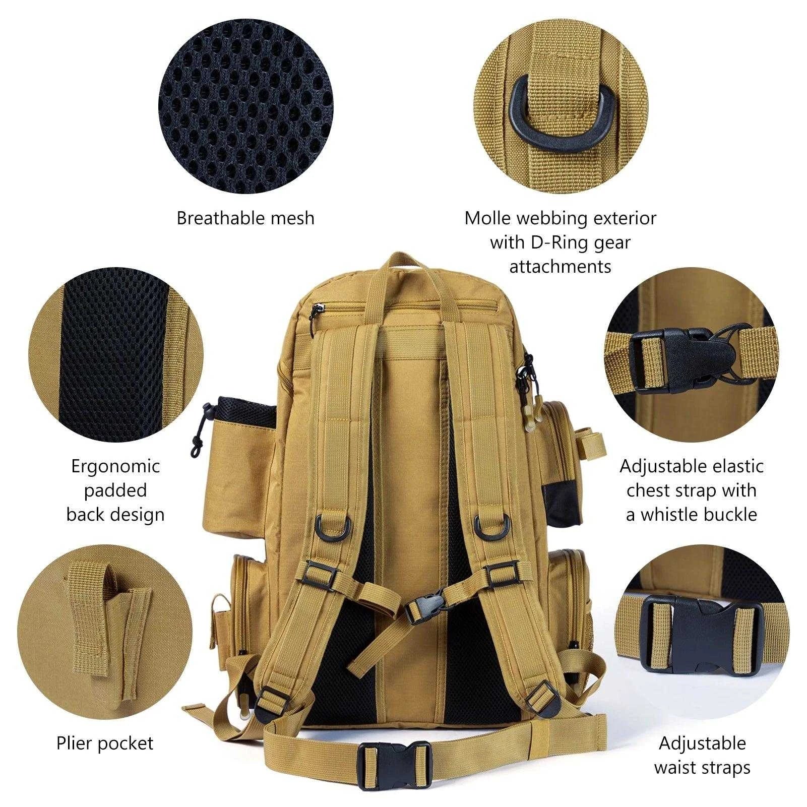 bassdash tackle bag Bassdash Waterproof 3600 Tackle Backpack With Rod Holder Tactical Bag For Fishing Hiking Camping, Khaki Without Trays