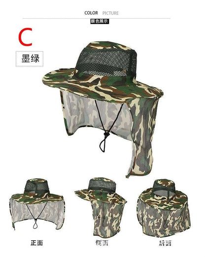 Camouflage fishing hat with wide brim, breathable mesh, and UV protection.