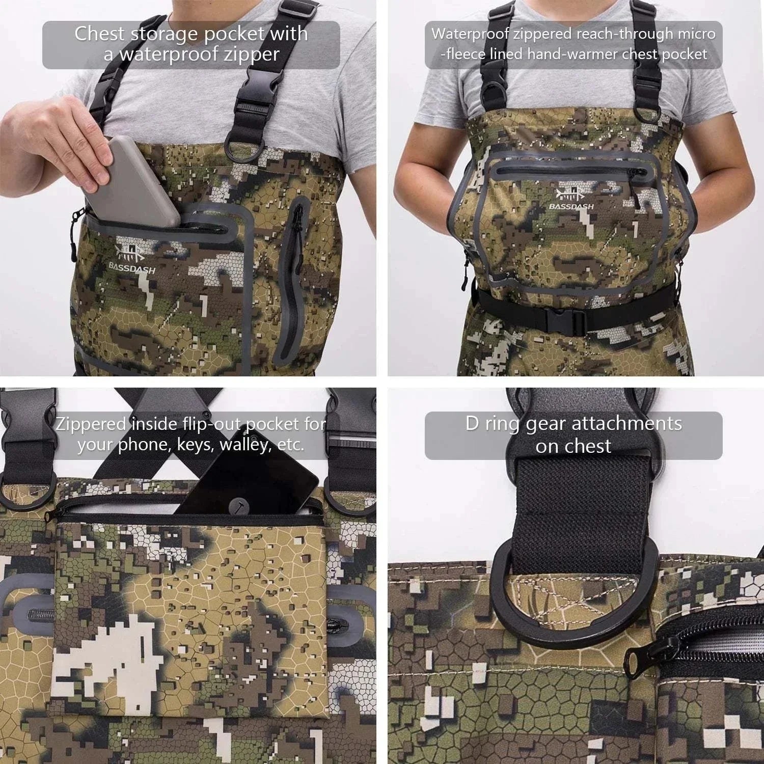 Bassdash Veil Camo Chest Waders with waterproof storage pockets, fishing waders.