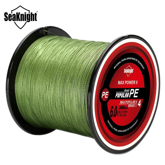 SeaKnight TriPoseidon Series green 4-strand 300M PE braided fishing line, 8-60LB strength, smooth and durable for diverse fishing environments.