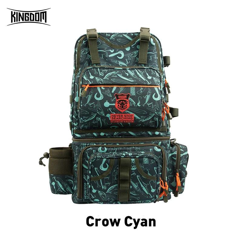 Kingdom Fishing Backpack 1000D in Crow Cyan; waterproof, large capacity, multifunctional tackle bag with detachable compartments.