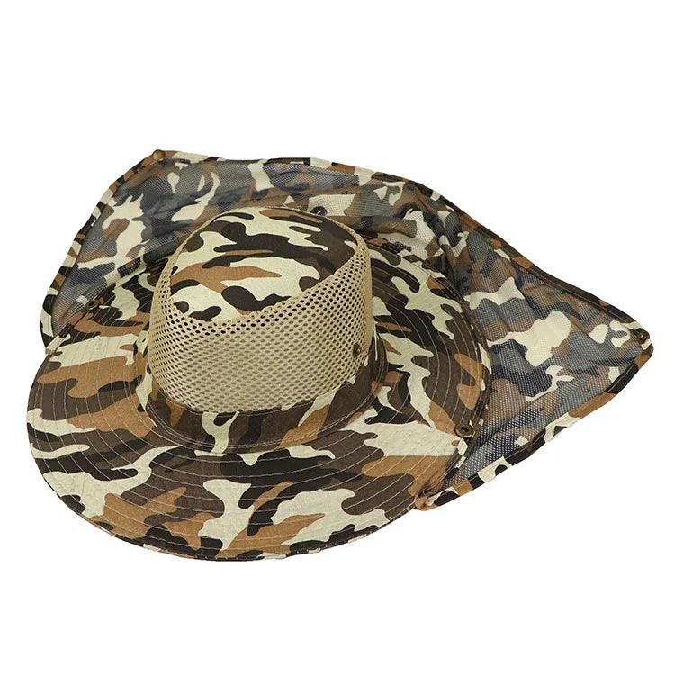 Camouflage outdoor fishing hat with wide brim and breathable mesh for sun UV protection.