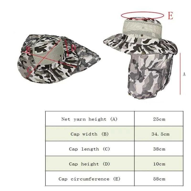 Outdoor fishing hat with wide brim, breathable mesh, camouflage design, UV protection, sunshade features, and detailed dimensions listed.