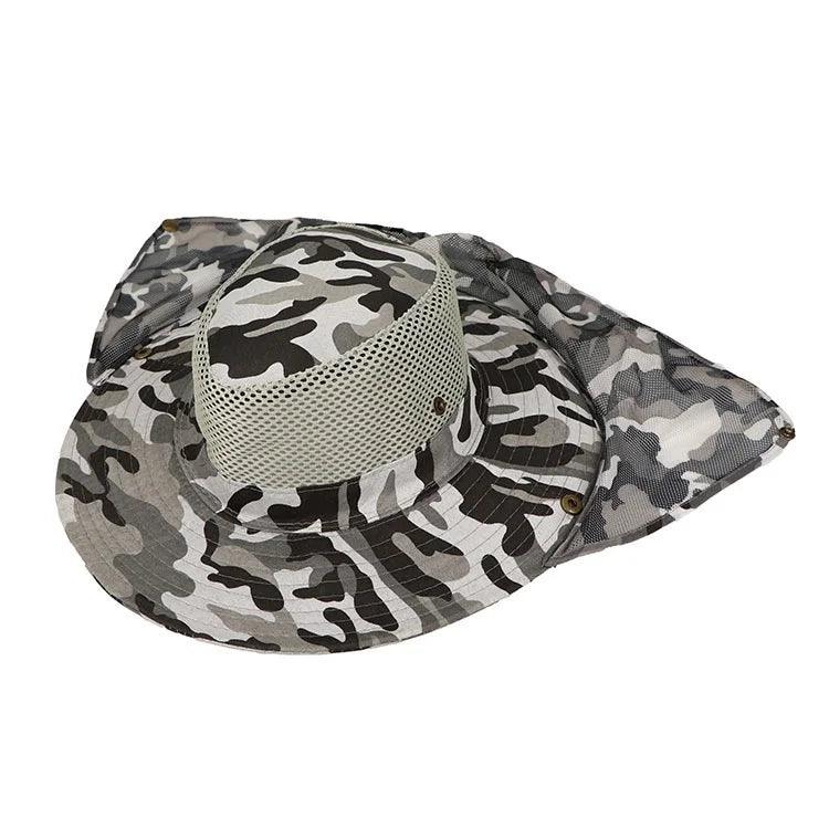 Camouflage outdoor fishing hat with wide brim and breathable mesh for UV protection.