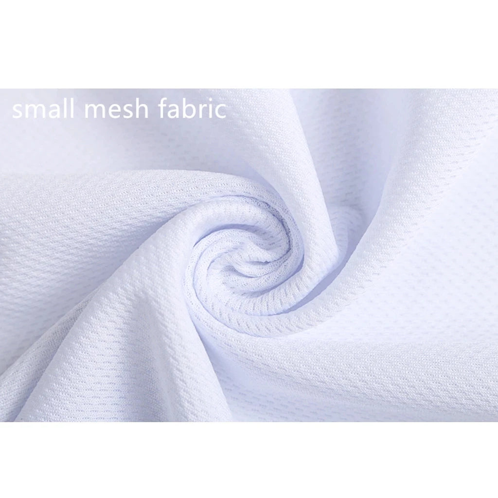 Close-up of small mesh fabric with text 'small mesh fabric' on a white background