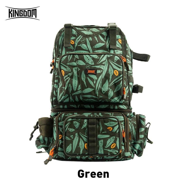 Kingdom Fishing Backpack 1000D in green with leaf pattern, large capacity, waterproof nylon, detachable compartments, ideal for outdoor fishing.